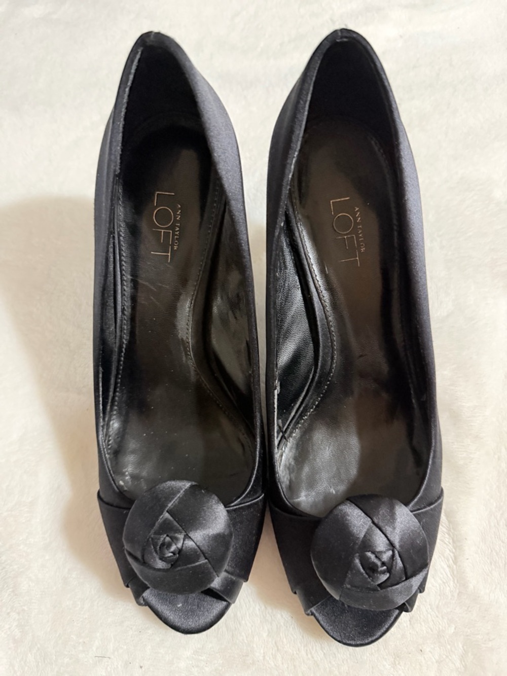 LOFT Black Satin Peep-Toe Pumps with Rosette Accent